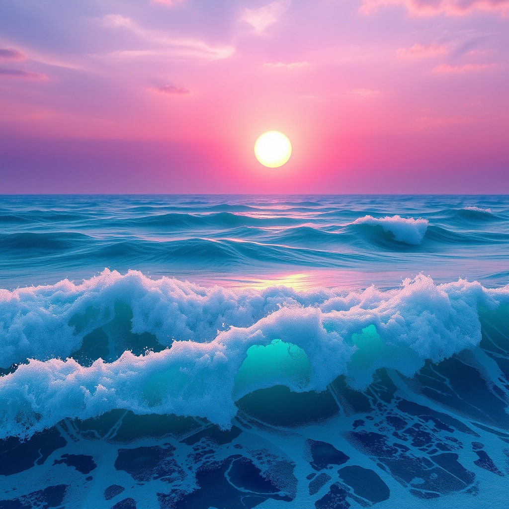 Teal Ocean Waves Under Lilac Sky, Fantasy Art