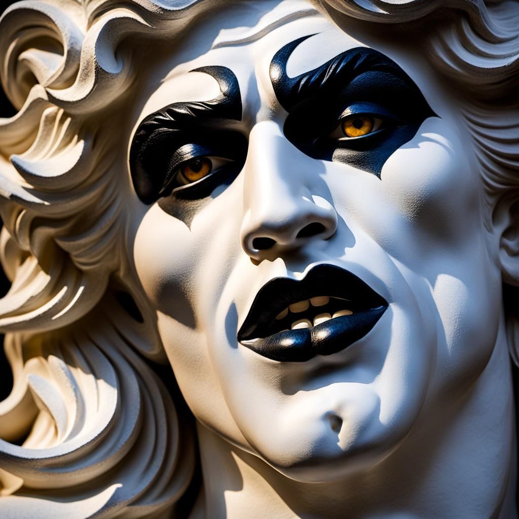 Greek Hero Statue with KISS Makeup in Expressionist Style