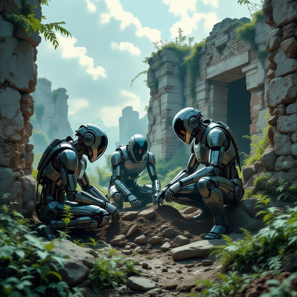Cyborgs Unearthing Ancient Ruins in Photorealistic Style