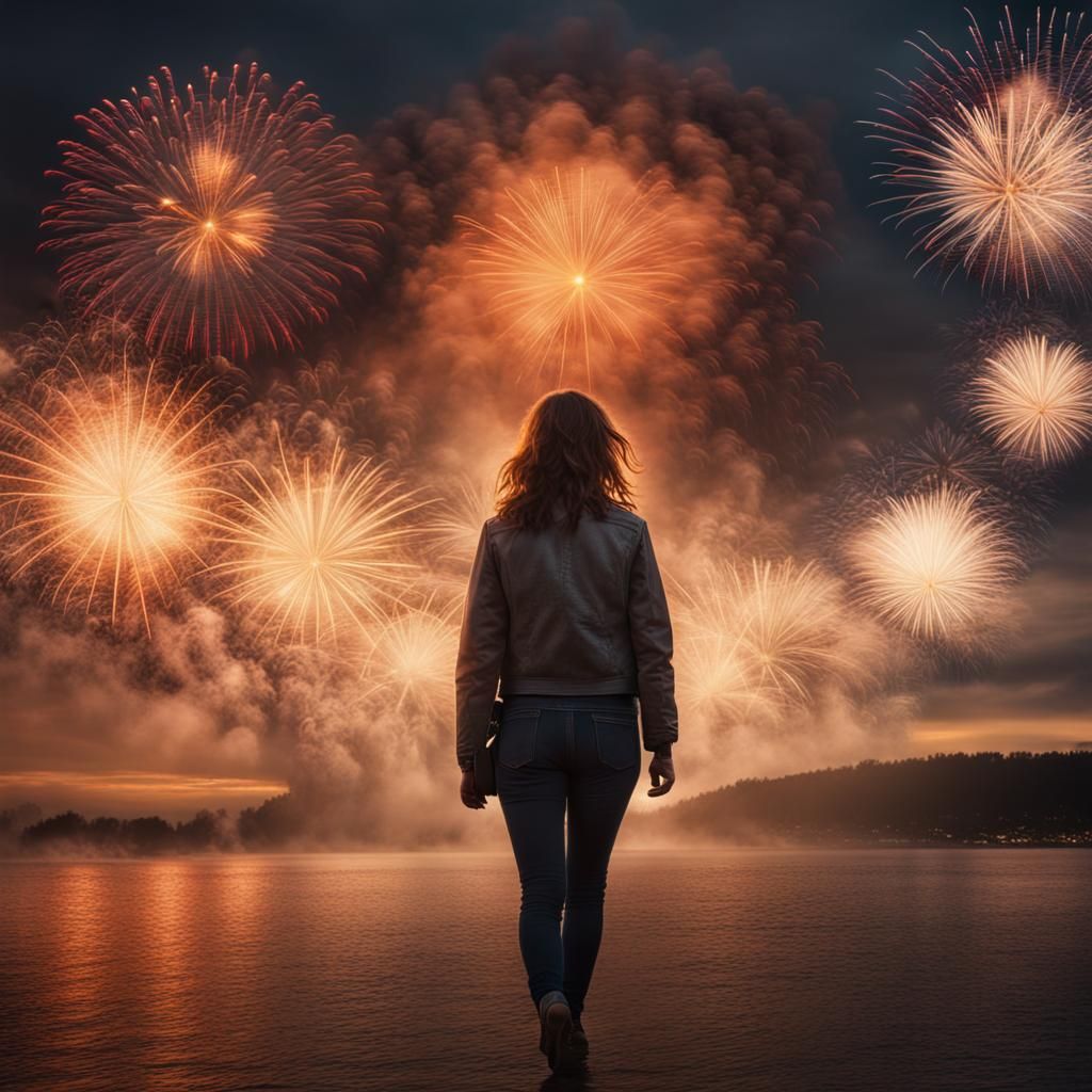 Sad Woman Watching Fireworks at Sunset