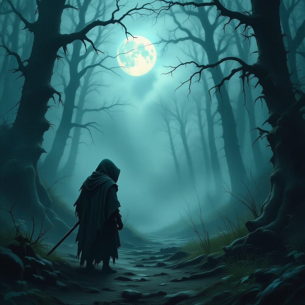 Surreal Goblin in Misty Forest Under Eerie Moonlight
