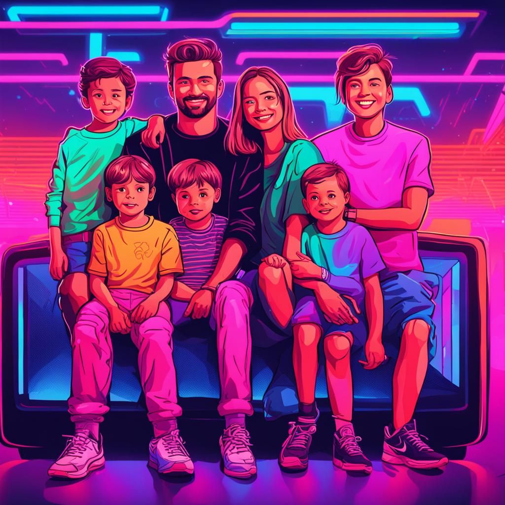 Family at Public Event in Synthwave Neon Style