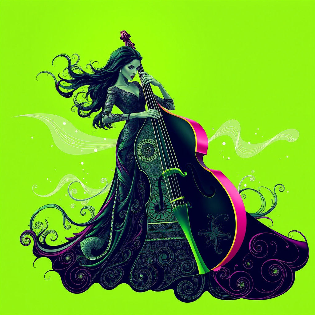 Lady with Double Bass in Cyberpunk Style