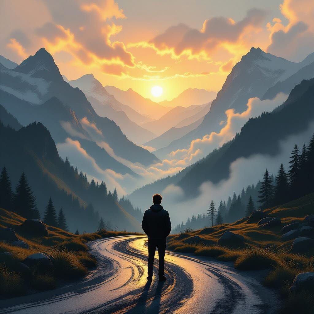 Man Chooses Difficult Path at Mountain Crossroads