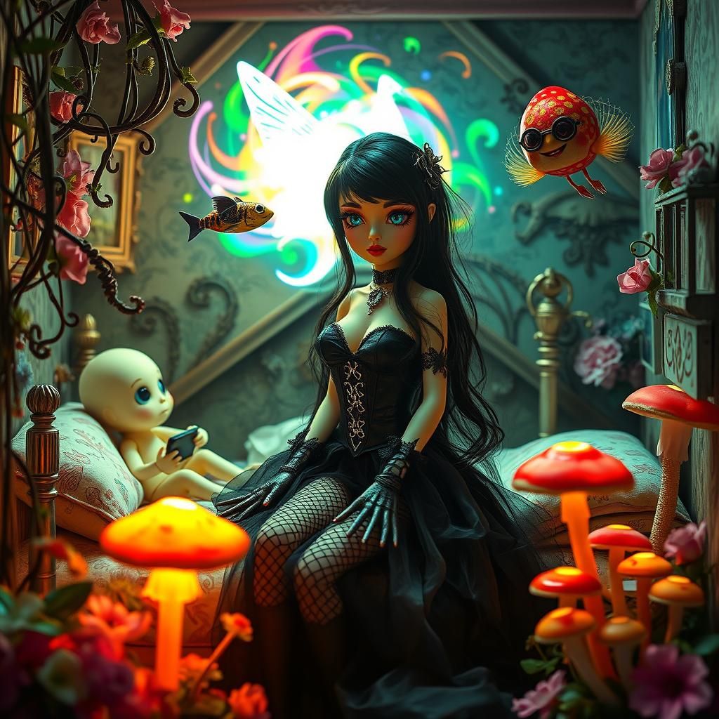 Surreal Dollhouse Scene with Goth Spongebob Character