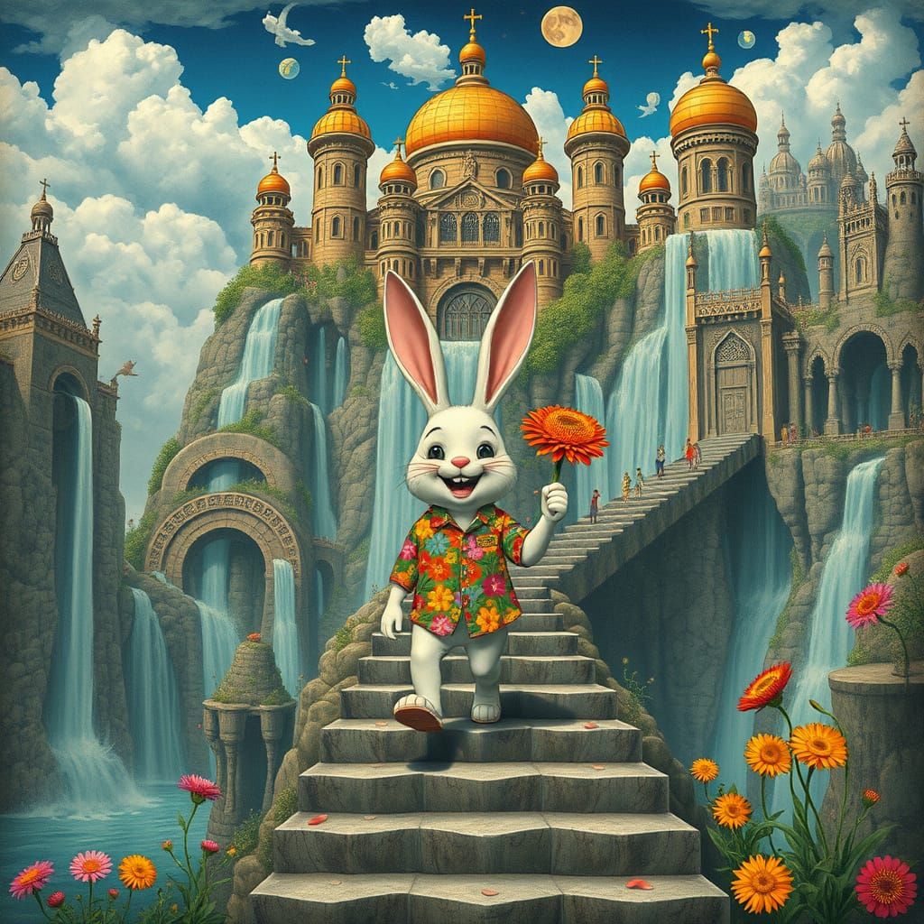 Floating Water City with Smiling Bunny, Psychedelic Art