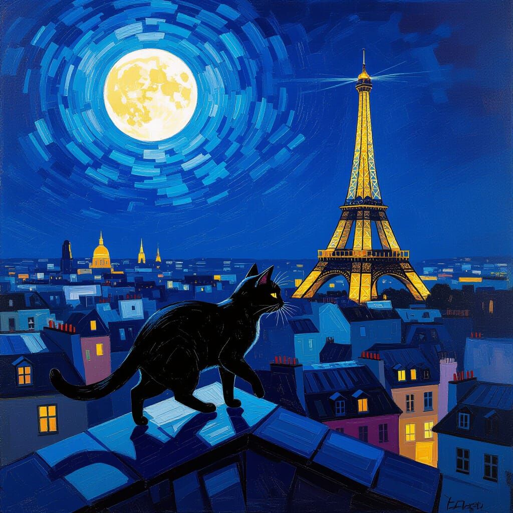 Black Cat Waltzes Under Moonlight in Parisian Cityscape