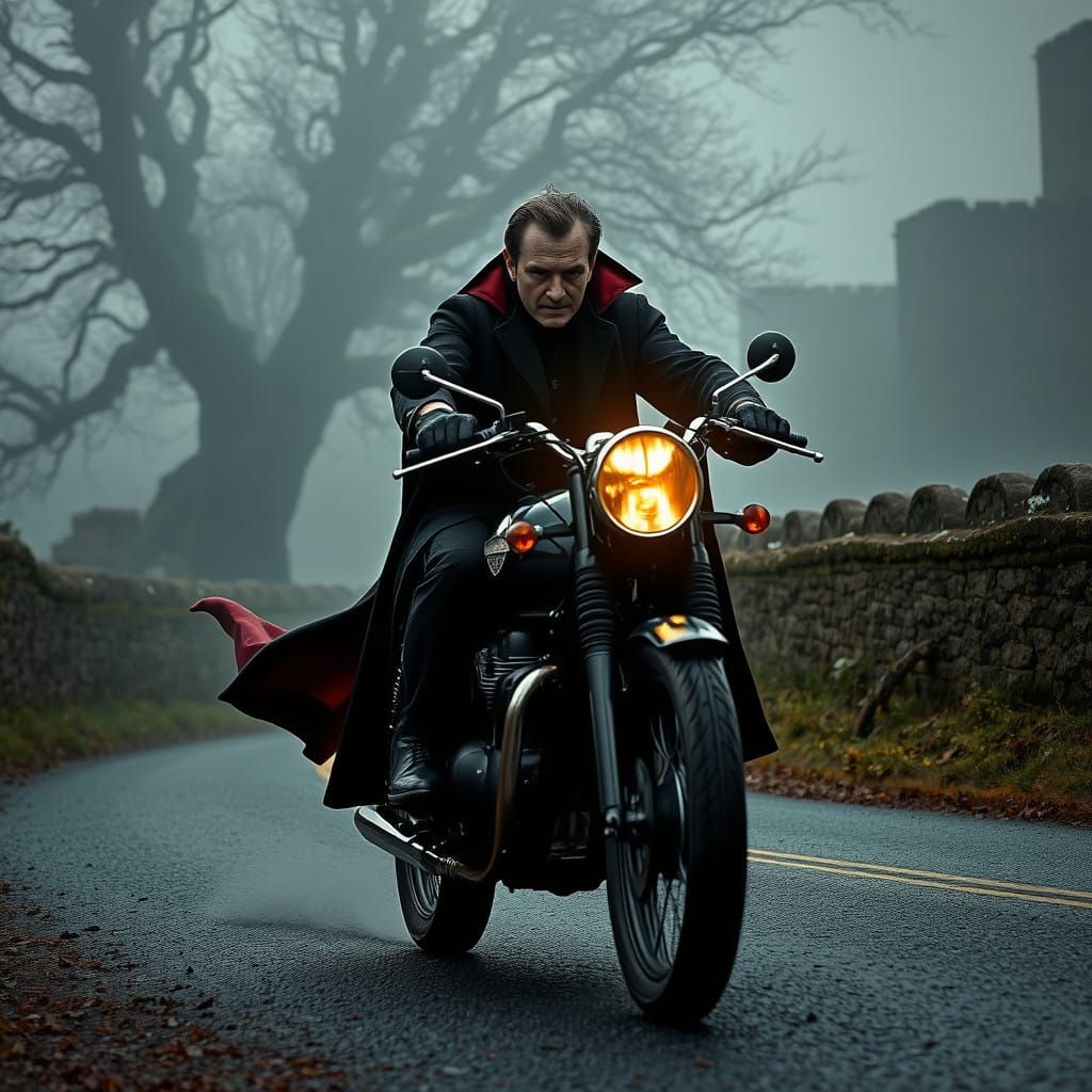 Dark Vampire Rides Triumph T120 Motorcycle Through Misty Eng...