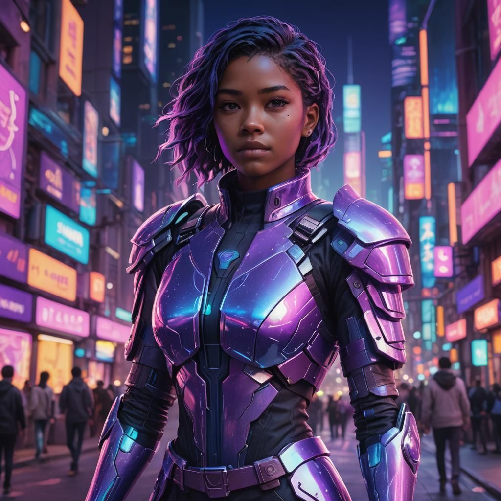 Futuristic RPG Character Posing in Neon Metropolis