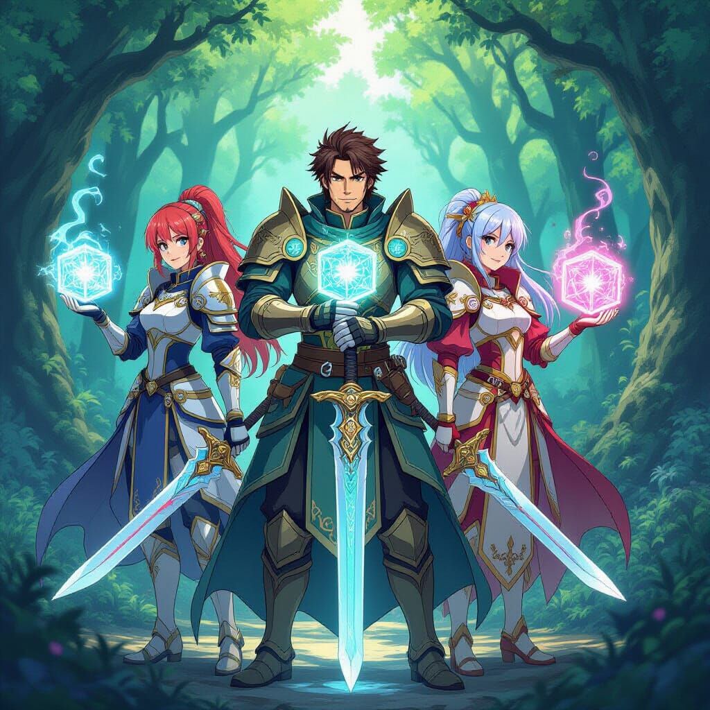 Anime Heroes in Enchanted Forest with Swords and Magic Cubes