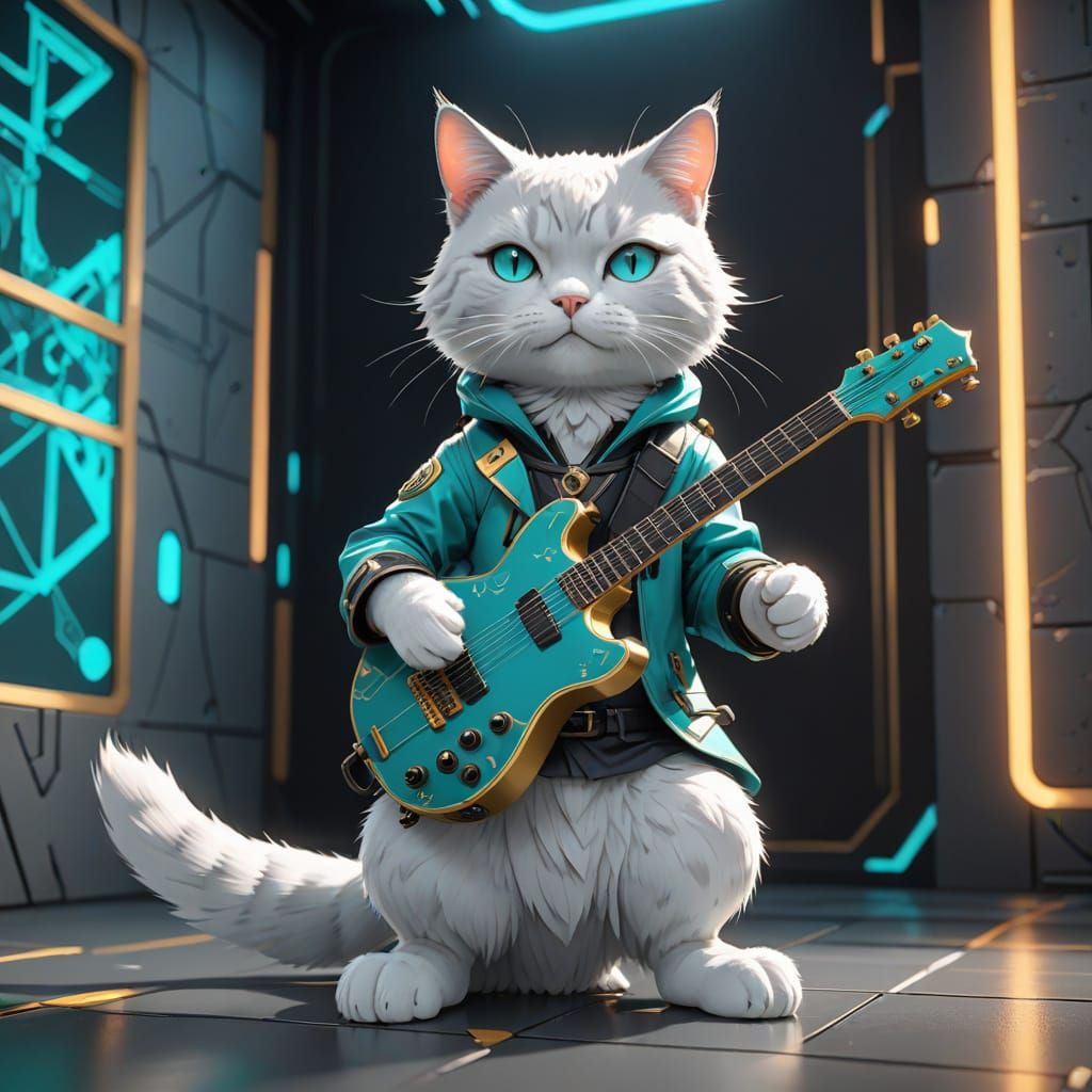 Turquoise Cat in Anime Style, Holding Guitar on Black and Go...