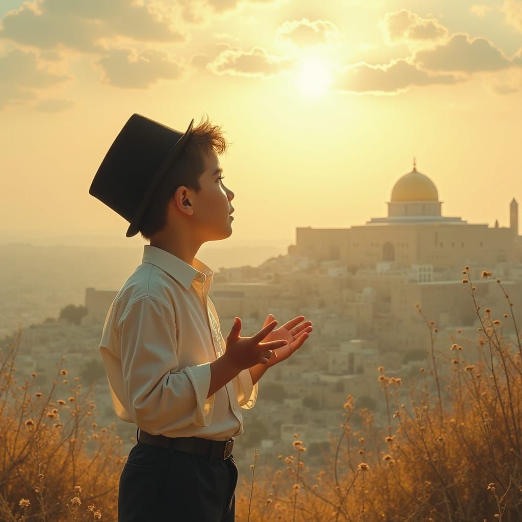 Young Haredi Boy Contemplates Bet HaMikdash in Serene Dawn L...