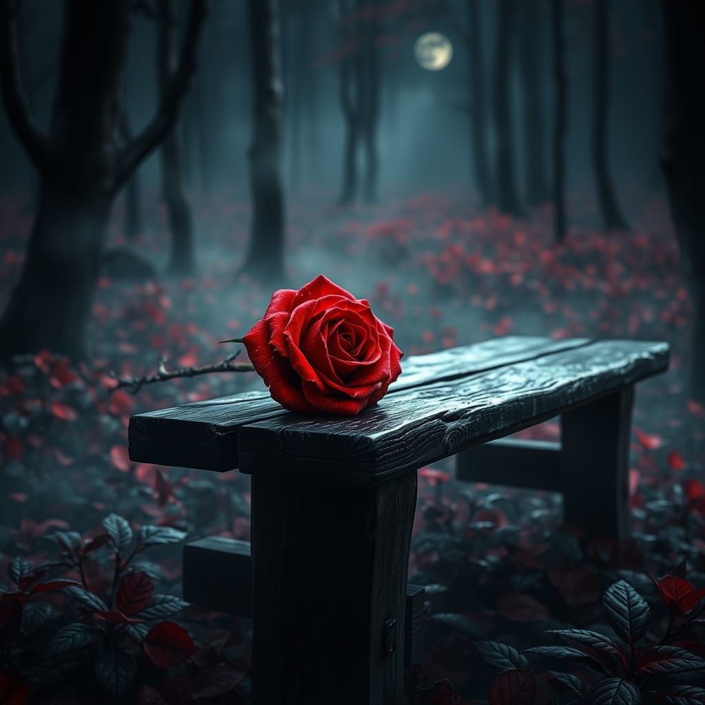 Mystical Forest Bench with Vibrant Red Rose
