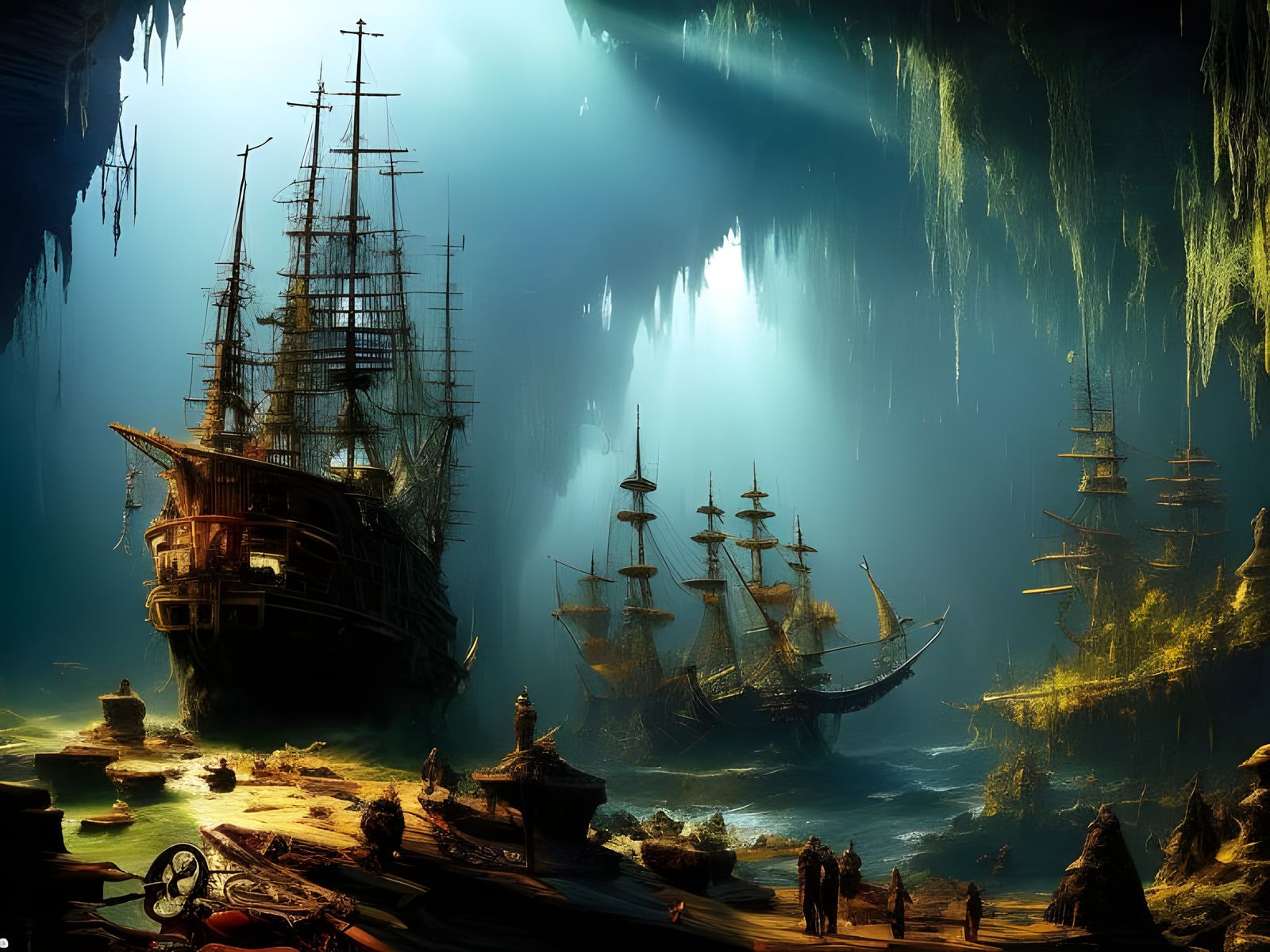 Sunken Pirate Ship in Cavern: Digital Matte Painting