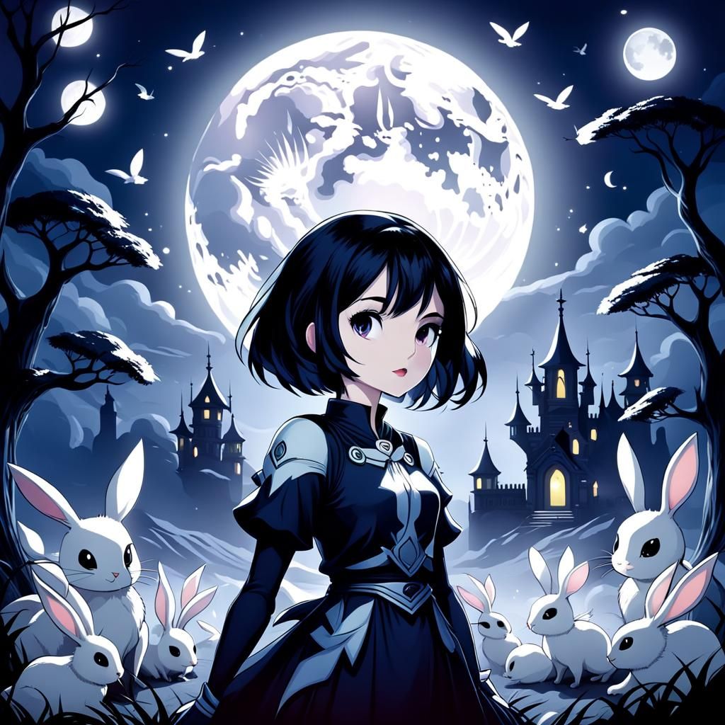 Girl with Rabbits and Moon in Hollow Knight Style