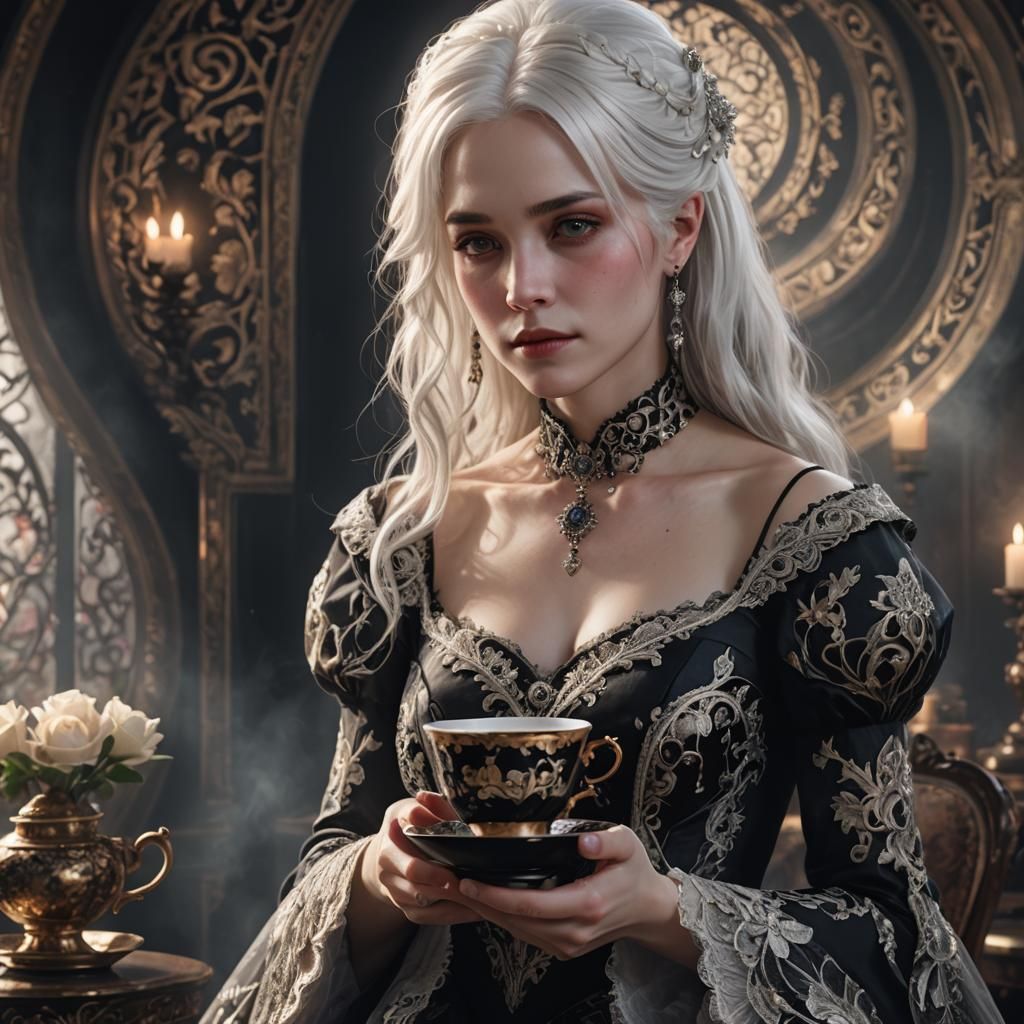 Dark Fantasy Woman with Teacup: Digital Matte Painting