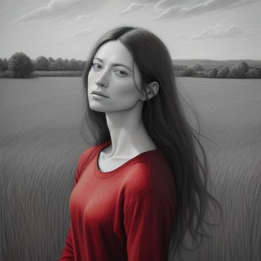 Pencil Sketch Portrait of Woman in Red Shirt