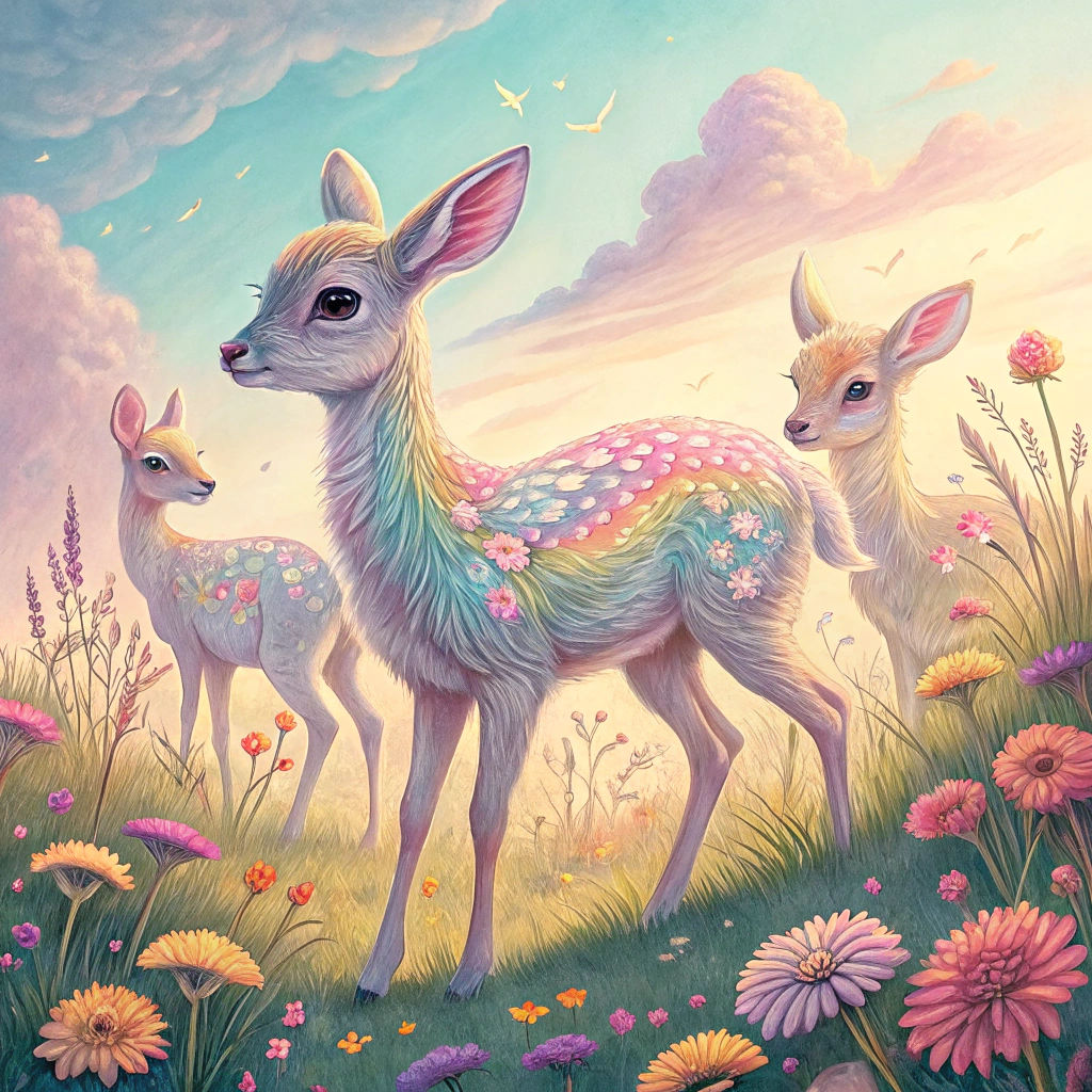 Iridescent Rainbow Deer in Dreamlike Meadow Illustration