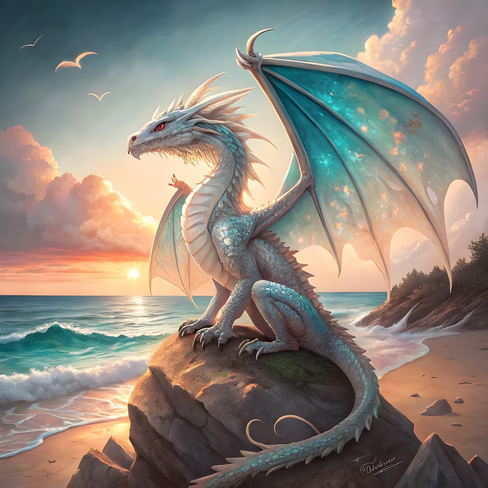 Regal Pearl Dragon in Majestic Beach Sunrise