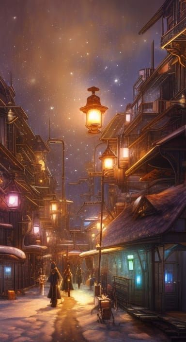 Steampunk City in Snowy Night: Digital Anime Painting