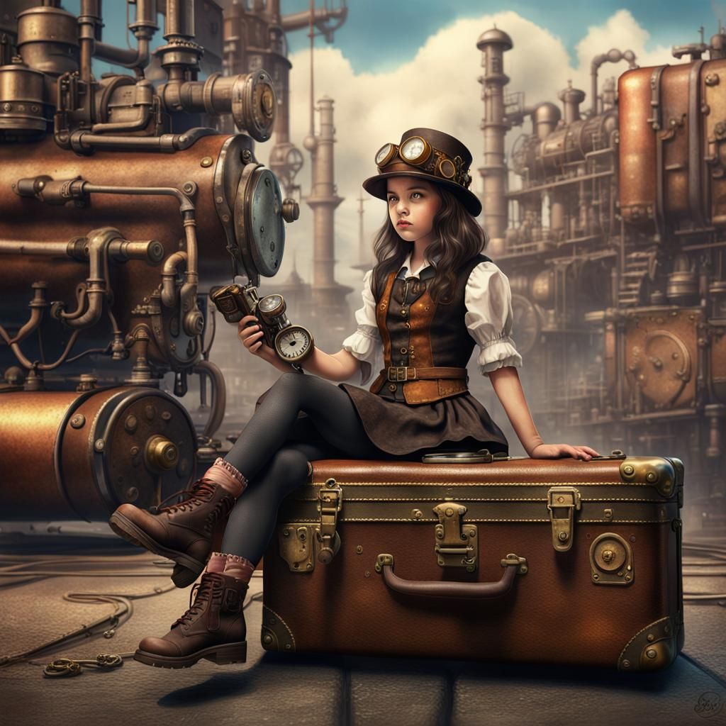 Steampunk Girl with Mechanical Device in Watercolor Style