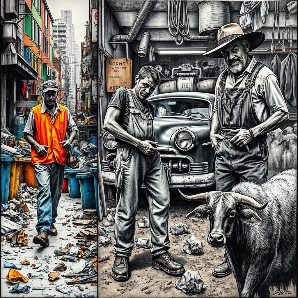 Unseen Heroes of Modern Life in Hyperdetailed Charcoal