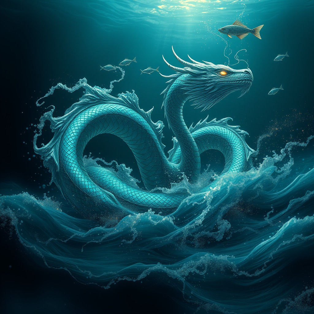 Majestic Water Dragon Swimming in the Deep Sea