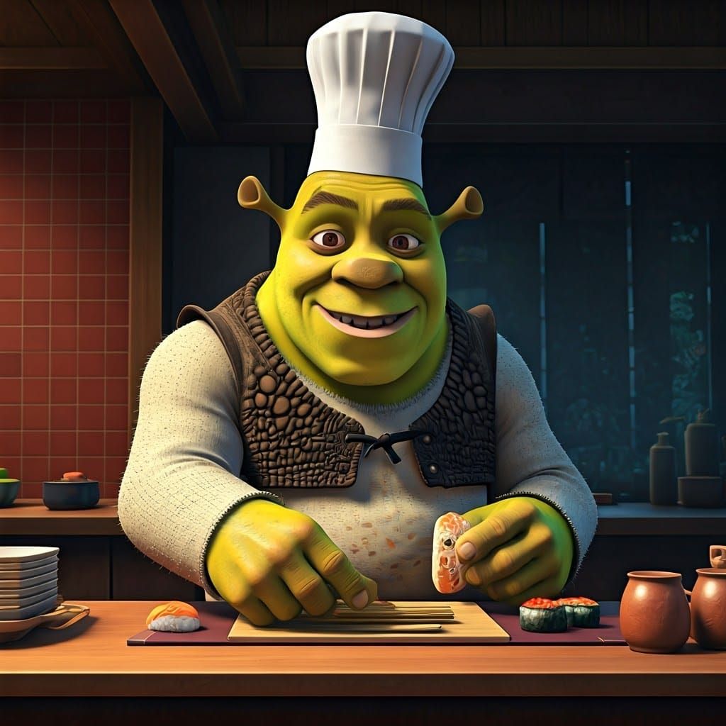 Shrek the sous-chef in a chef's hat and overalls prepares su...