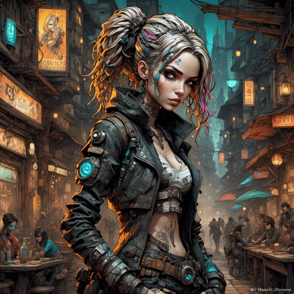 Cyberpunk Chibi Girl in Whimsical Tavern