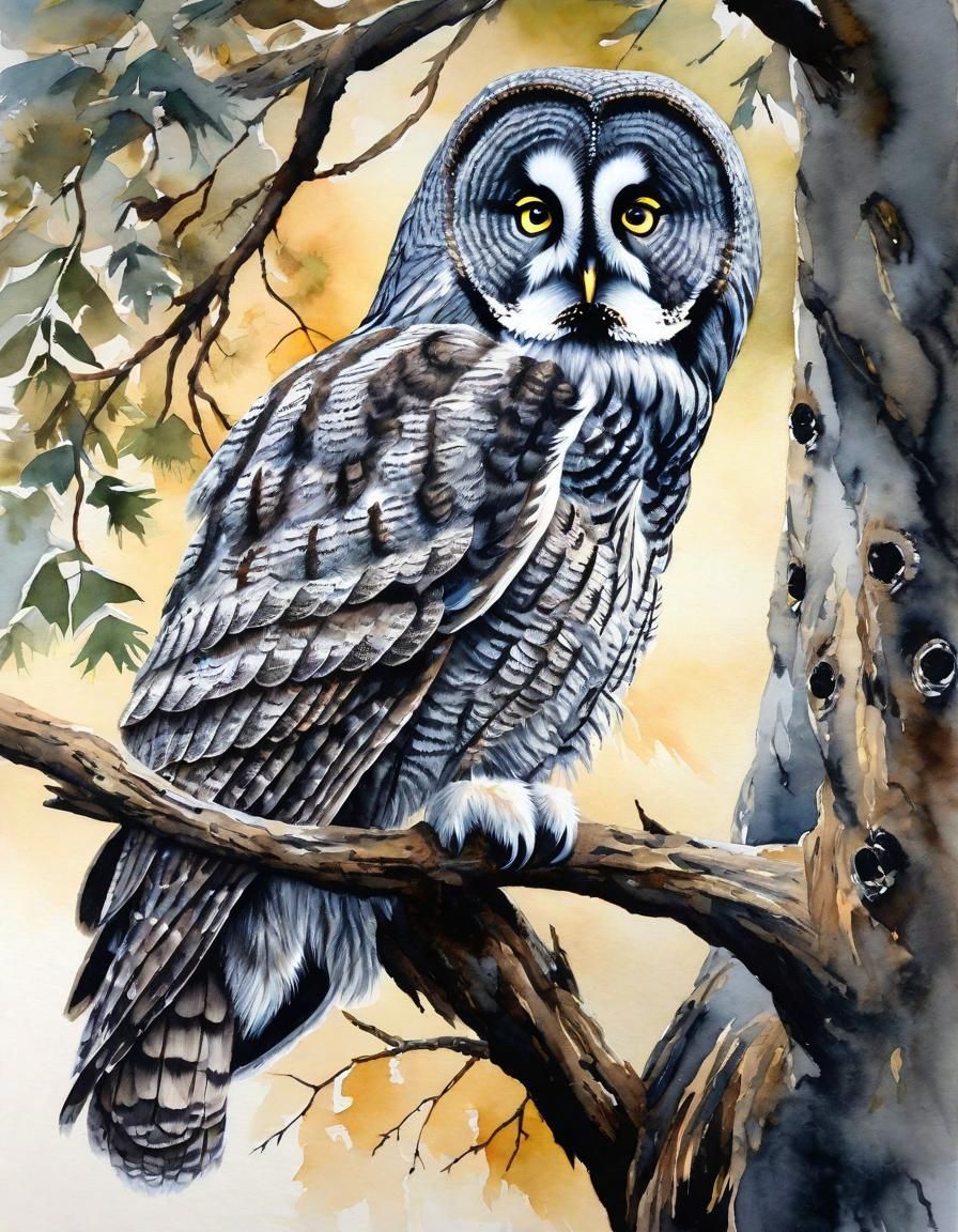 Great Grey Owl Watercolor Painting with Babies