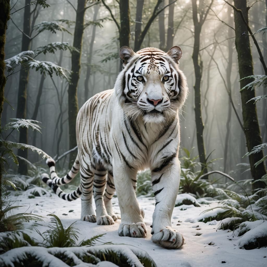 Albino Tiger in Misty Forest: Wildlife Photography