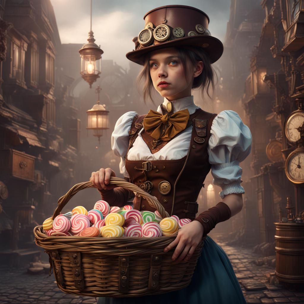 Steampunk Girl with Candy Basket, Detailed Digital Art