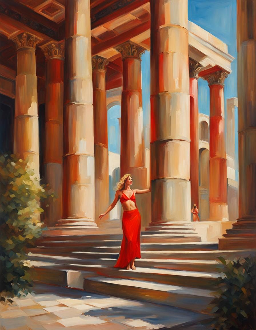 Monumental Greek Building with Woman in Oil Paint