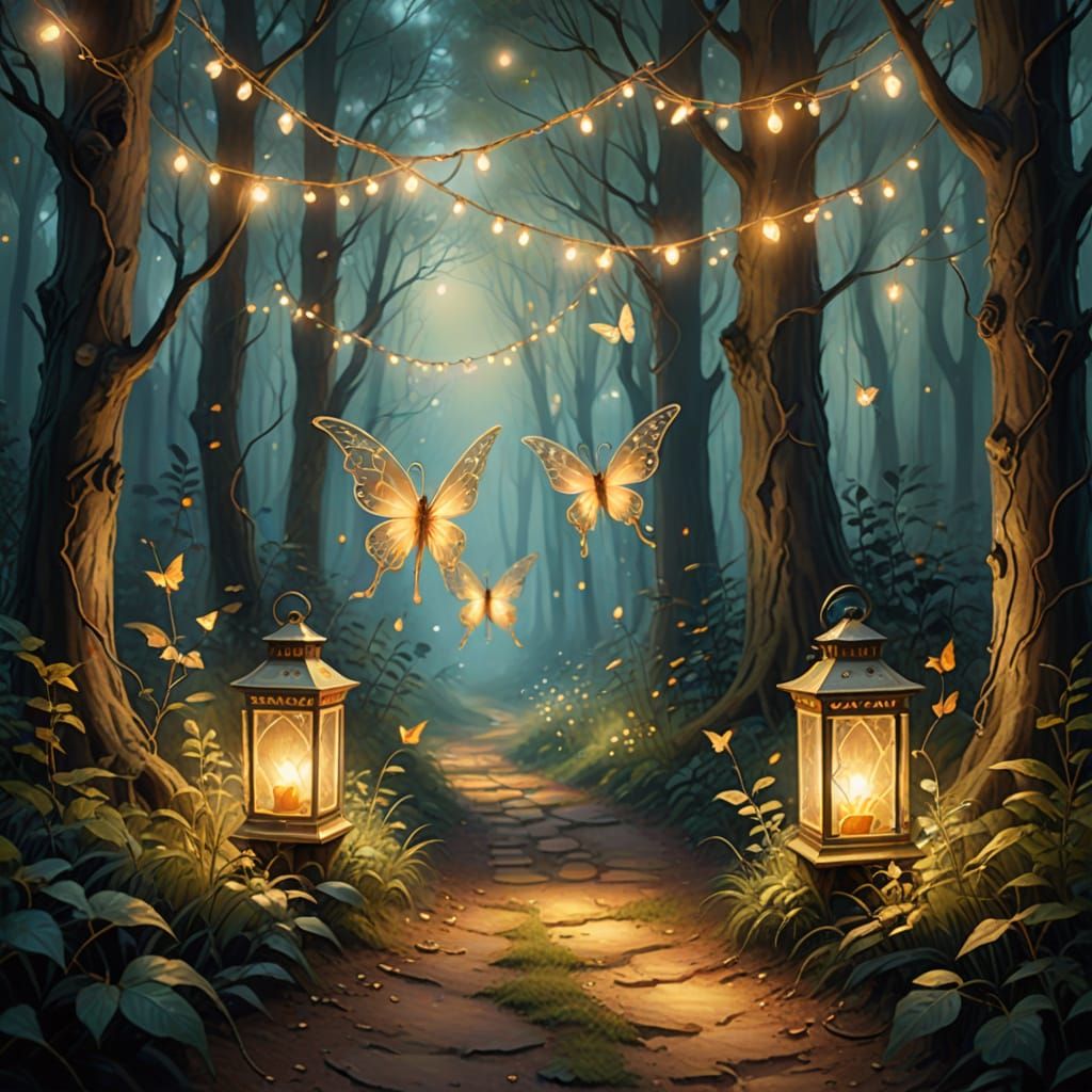 Enchanting Fairy Lights Lanterns on Misty Forest Path