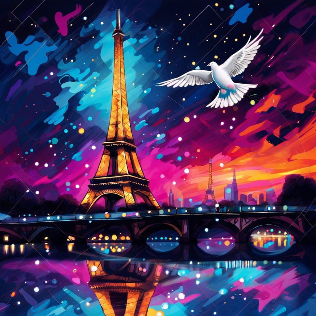 Dove Over Eiffel Tower at Night