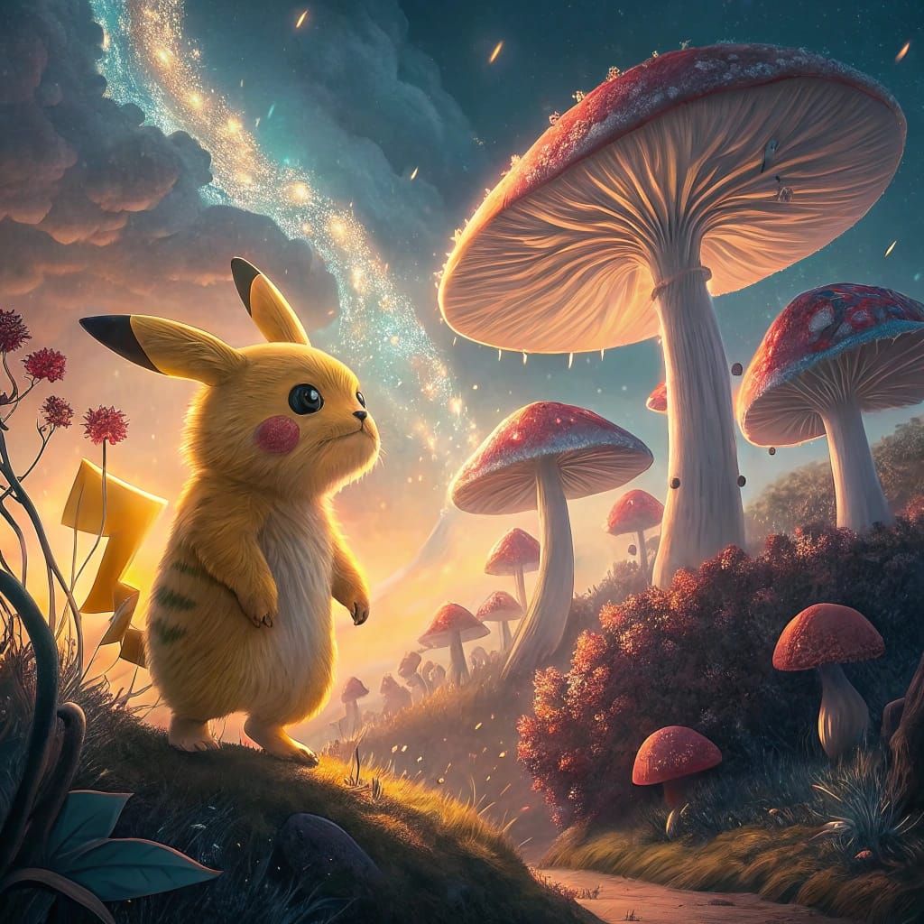 Surreal Pikachu in Vibrant Dreamlike Landscape