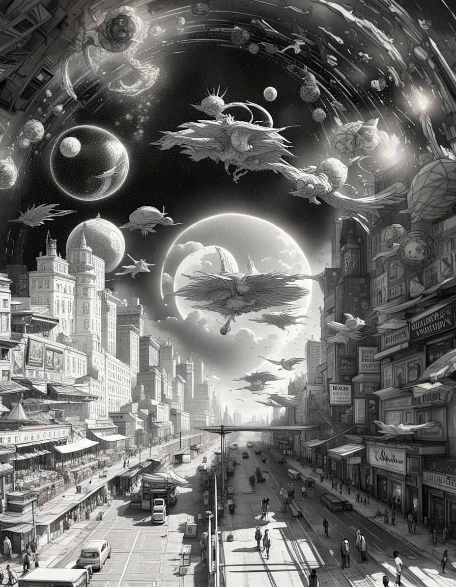 Futuristic Cityscape with Bizarre Creatures at Sunset