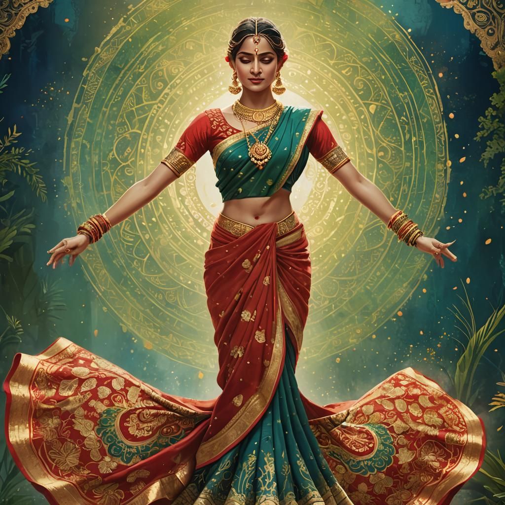 Woman in Red Saree Dances, Fantasy Concept Art