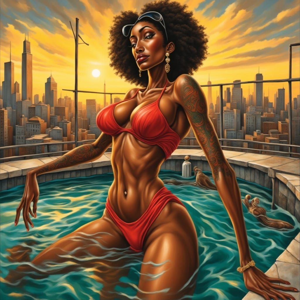 Rooftop Pool Portrait in Expressionist Oil Painting Style