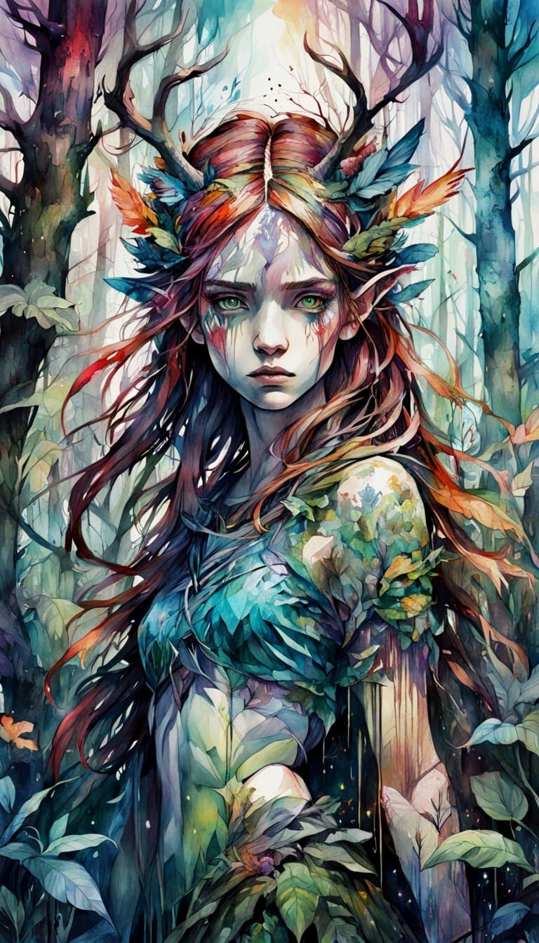 Mythical Forest Scene in Stylized Watercolor