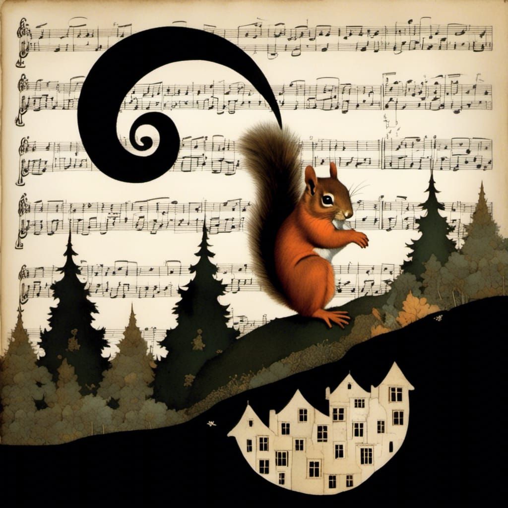 Squirrels in Evening Collage, Mixed Media Art