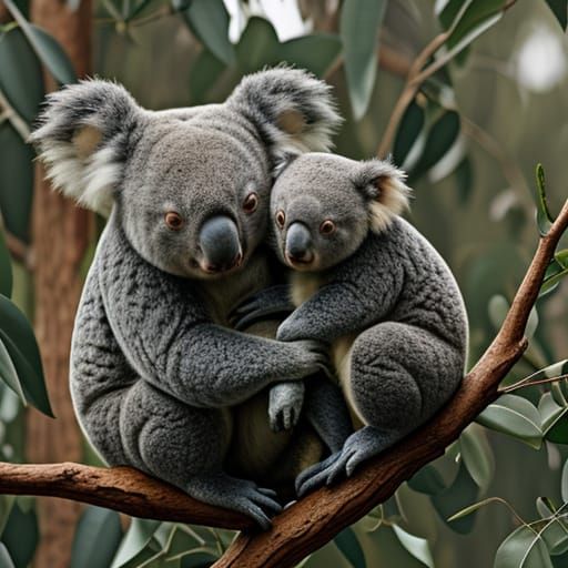 Mother Koala with Baby in Eucalyptus Tree