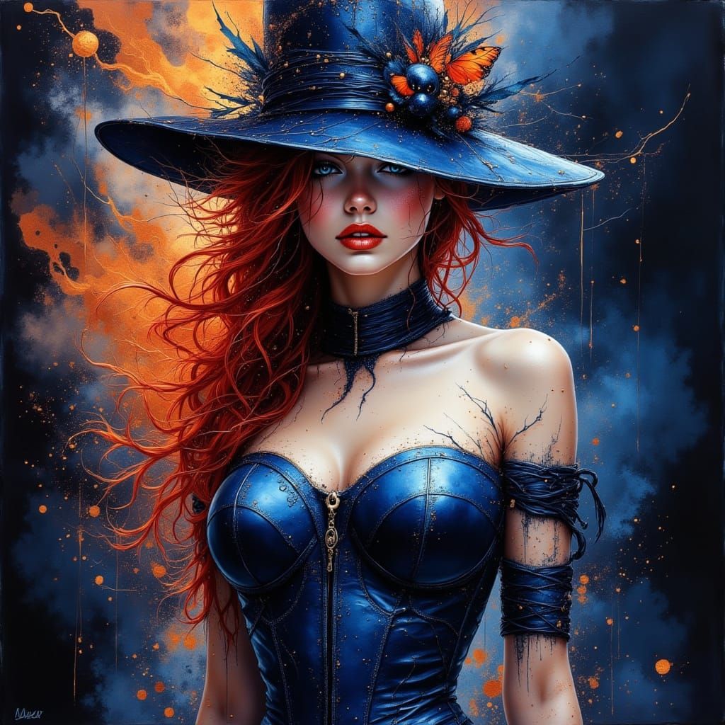 Elegant Futuristic Lady in Blue Corset with Red Hair