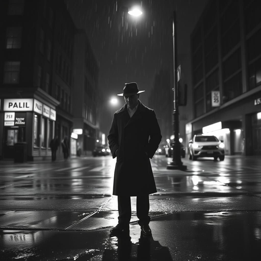 Moody Film Noir Detective in Rainy City Streets