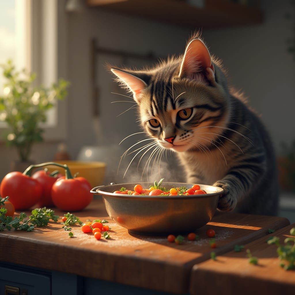 Matured Cat Chef Surrounded by Whiskers in a Fantastical Kit...