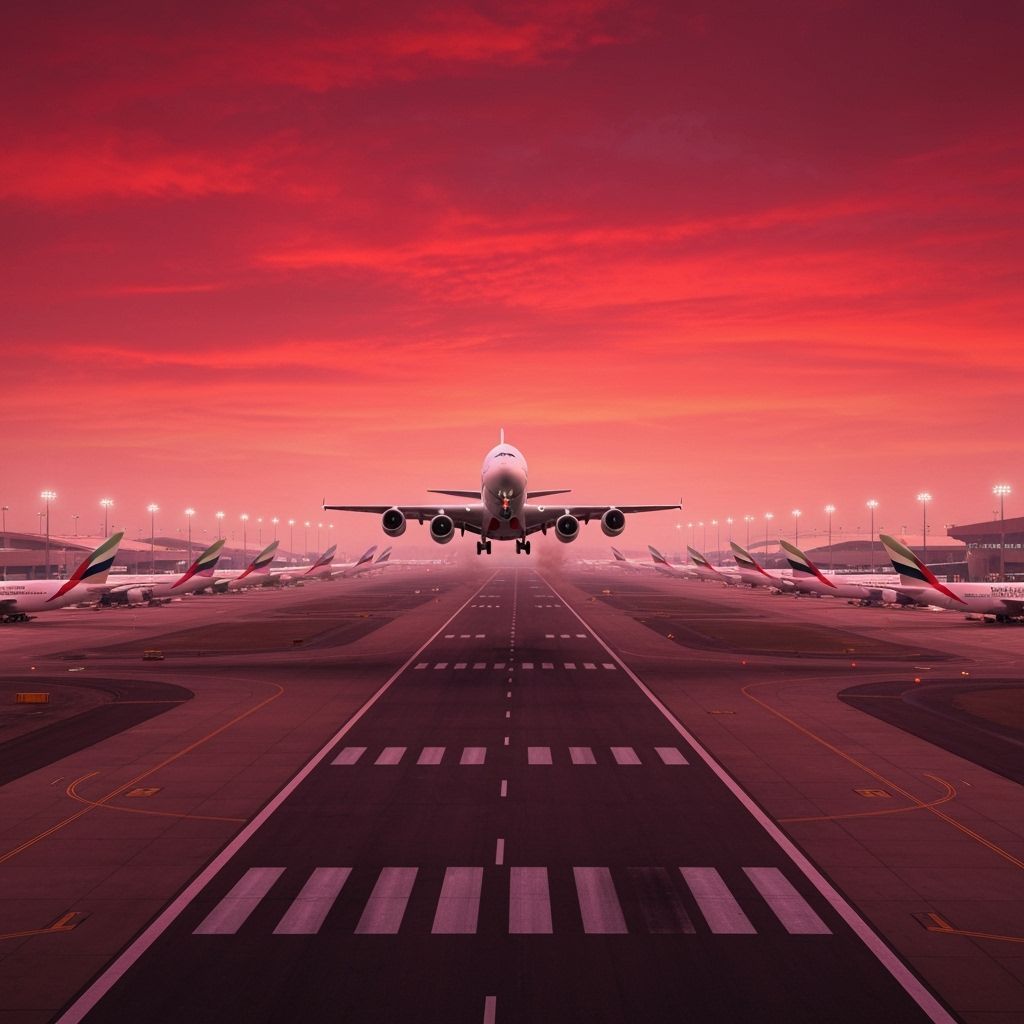 Emirates Plane Takes Off in Futuristic Red Sky