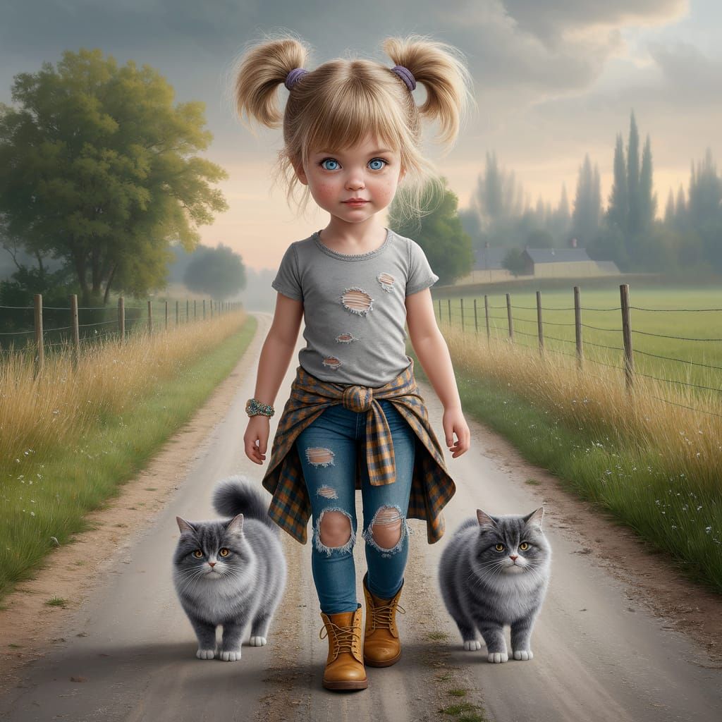 Whimsical Oil Painting of a Sassy Girl with Cats