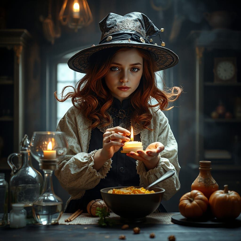 Young Witch Prepares Magical Food in Old Russian Setting