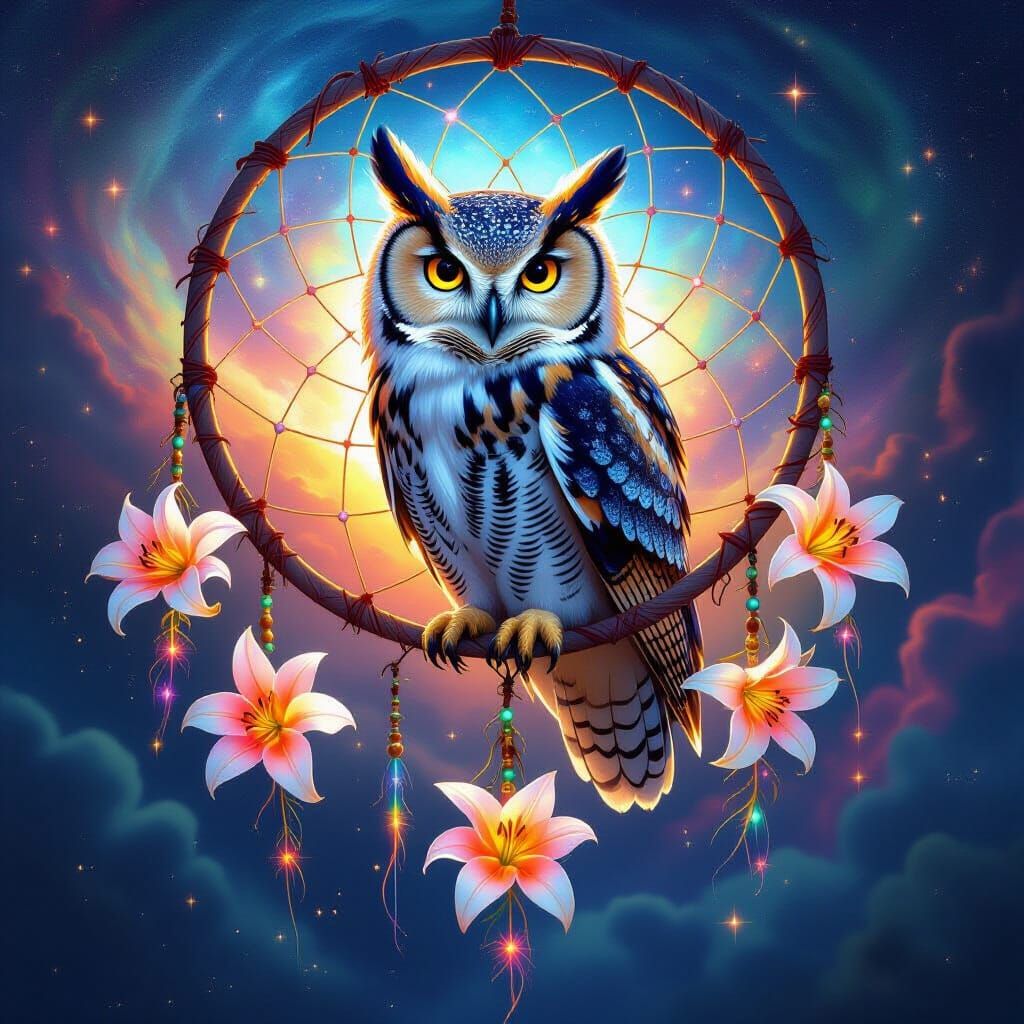 Majestic Owl on Cosmic Dream Catcher with Glowing Lilies