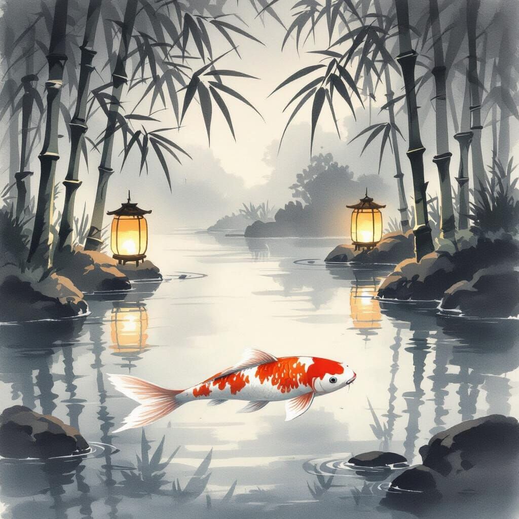 Serene Koi Fish in Lanternlit Bamboo Pond
